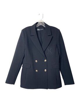 Zara Logo Black Double-Breasted Blazer Gold Buttons & Embroidered Pocket Size L